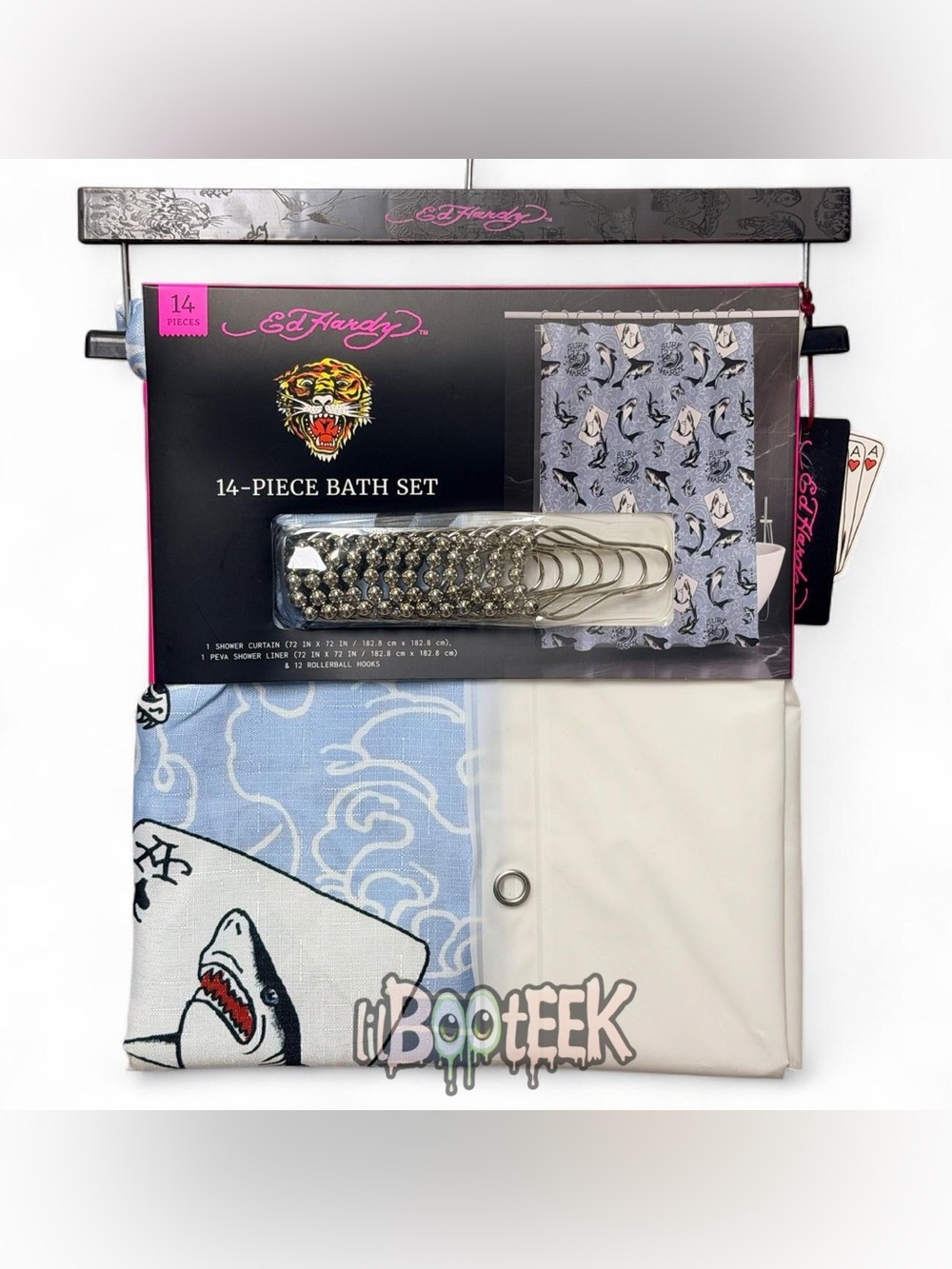 Ed Hardy 14-Piece Bath Set Shower Curtain Liner Hooks Blue Surf Shark Print Y2K